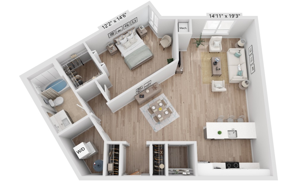 A9 - 1 bedroom floorplan layout with 1 bathroom and 1107 square feet (3D)