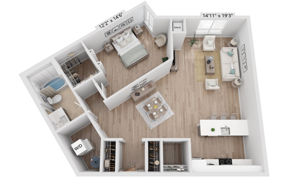 A9 - 1 bedroom floorplan layout with 1 bath and 1107 to 1107 square feet. (3D)